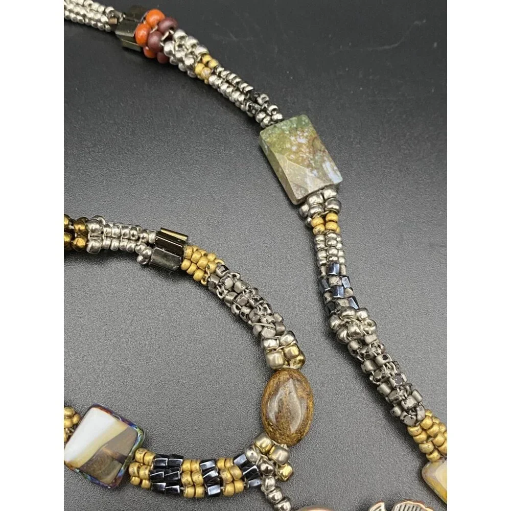 Artisan  Necklace Boho Natural Stone Shell Glass Bead Antiqued Bronze Toggle 38" - Picture 8 of 13